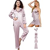 WJing Yi Jia 6Pcs Womens Silk Satin Pajama Sets Pj Sets Long Pjs Set Pajamas Sleepwear Camisole Sexy Cami
