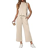 ATHMILE Two Piece Sets for Women Spring Summer Outfits Lounge Travel Mock Neck Drawstring Wide Leg Pants Tops Beach Vacation