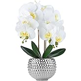 Hisow Large Orchids Artificial Flowers, 17'' White Faux Orchids with Gold Pot for Living Room Decor, White Faux Orchid Plant for Bathroom Kitchen Home Indoor Hotel Decor (Large Silver)