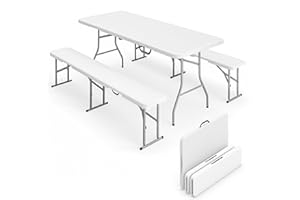 Outsunny 6FT 3-Piece Folding Picnic Table with 2 Benches, Portable Outdoor Camping Table Bench Set with Carrying Handles, Met