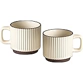 XingXingShunShun Stackable Coffee Mugs Set, Ceramic Espresso Cups for Au Lait, Cappuccino,Latte,Cafe,Mocha,Tea, Embossment Cups Suit For Housewarming Wedding- 8 oz, Set of 2,Beige&Brown