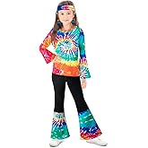 IWALUE 60s 70s Outfits Hippie Kid Girls Costume Set Disco Boho Flared Pants Accessories Set