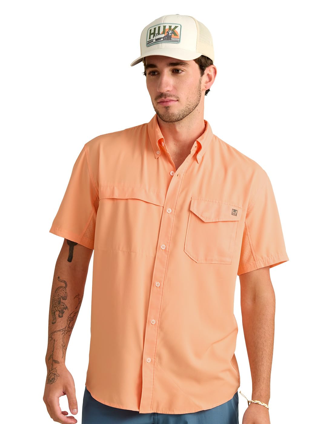 HUK Mens Tide Point Solid Short Sleeve Shirt, Button Down for Men, Coral Reef, Medium Image