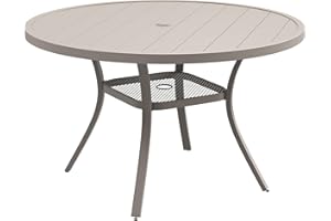 DIFY 48" Round Patio Dining Table for 6, Outdoor Metal Dining Table with 1.57" Umbrella Hole for Backyard Lawn Garden, Sandshell