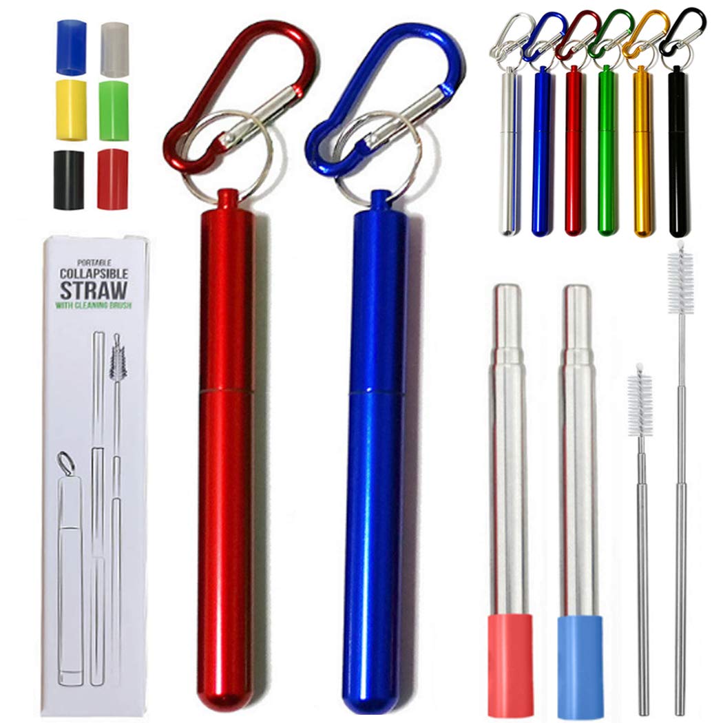Hoshen 2 PCS Reusable Folding Metal Straws, Portable Telescopic Straws, Including Brushes and Silicone Heads (with Shell) ，Blue/Red