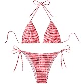 SOLY HUX Women's Plaid Gingham Bikini Sets Halter String Triangle Tie Side Bathing Suit Two Piece Swimsuit