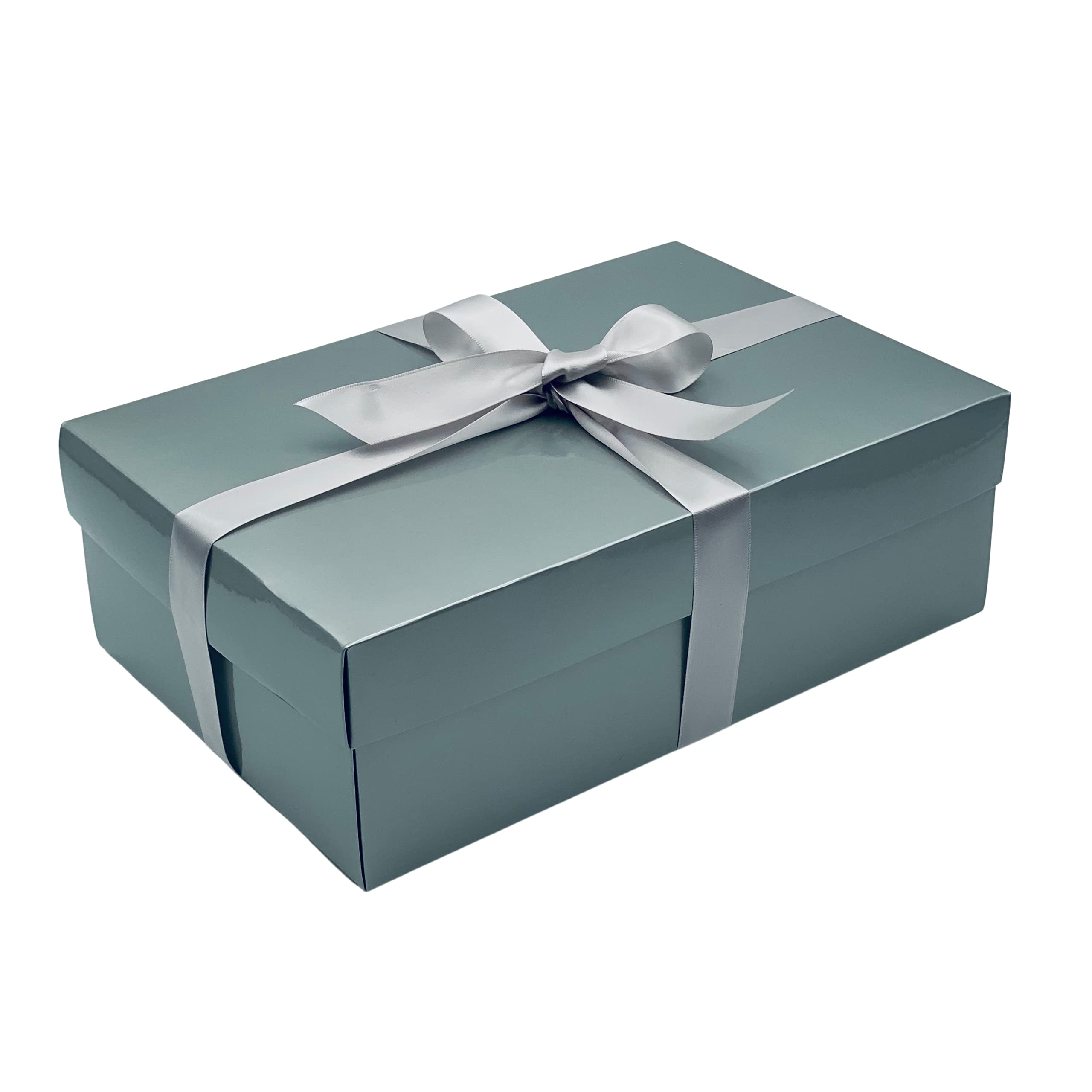Silver Gift Box with Lid | Pick Your Ribbon Colour | Large Memory or Hamper Boxes | Flat-Packed Gift Boxes for Presents, Birthday or Baby Gifts | Size 30x20x10cm (Silver Ribbon 84)