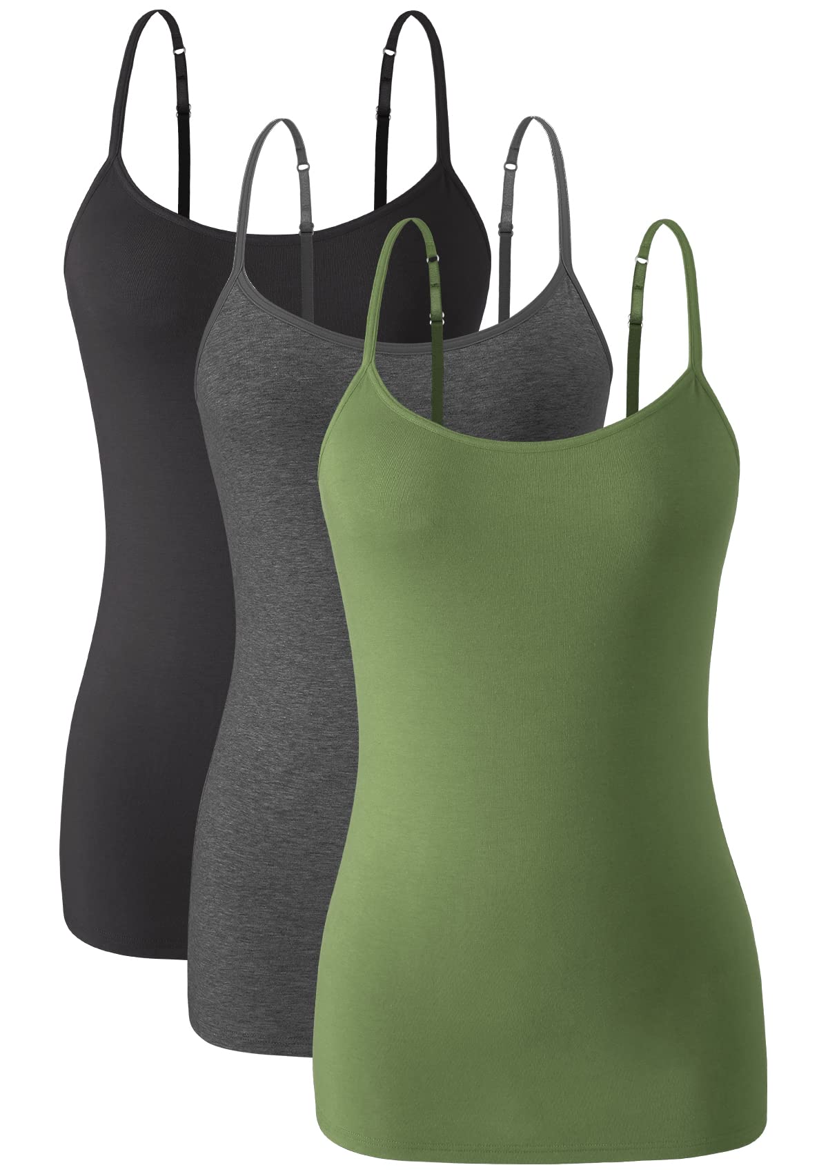 Photo 1 of   Knuffnee Womens Cotton Camisole with Shelf Bra Spaghetti Strap Tank Tops Adjustable Undershirt 3 Pack Black/Dark Grey/Army Green M