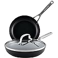 KitchenAid Hard Anodized Induction Nonstick Frying Pan Set With Lid, 3-Piece – 8 & 10 Inch Skillets, Durable, Even Heating, Dishwasher & Oven Safe, Easy-Clean, Matte Black