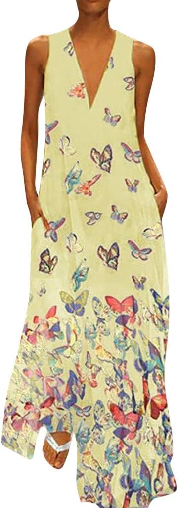 Women Dress Casual Butterfly Print Dress Sleeveless Loose Party Long Dress Summer Fashion Beach Elegant Maxi Dress