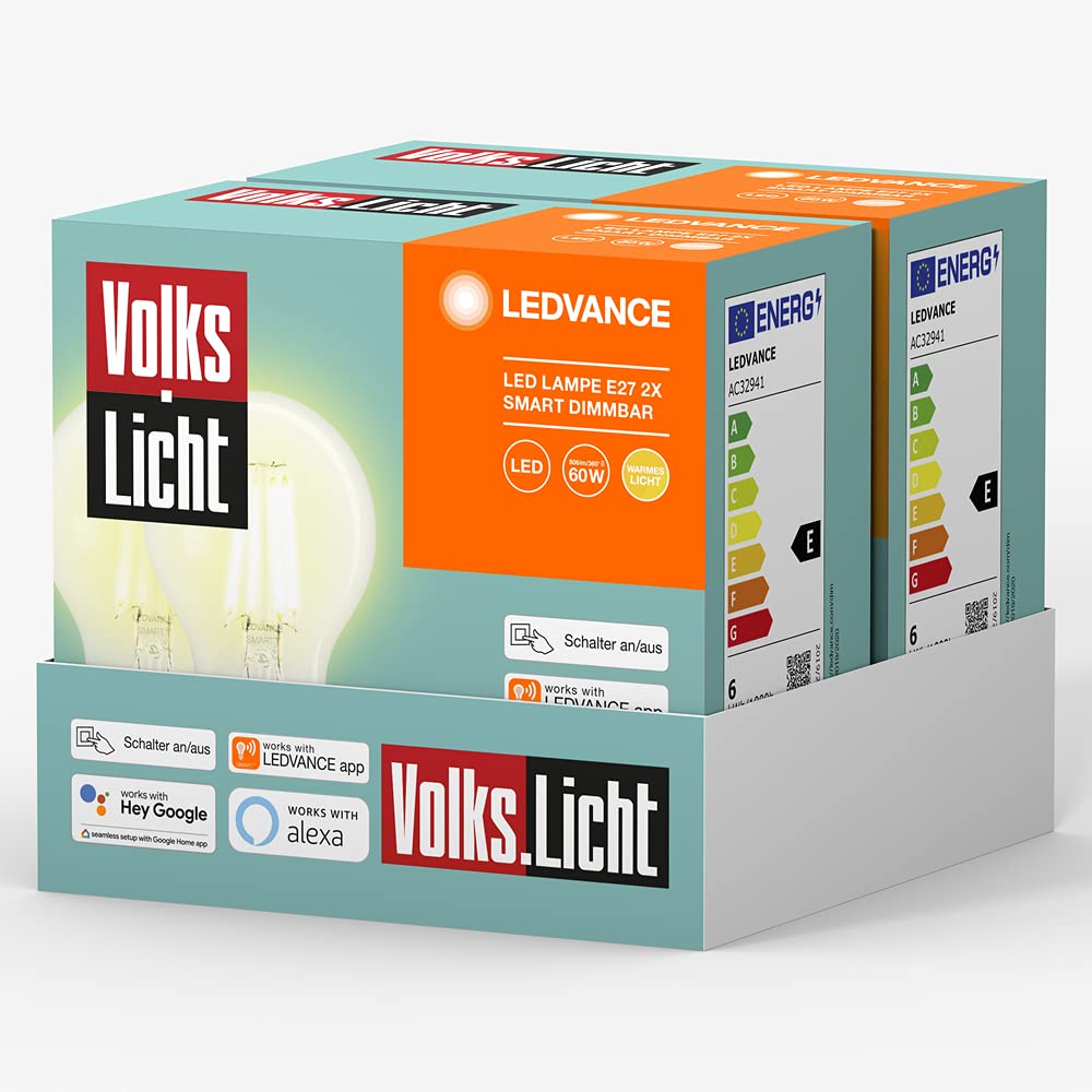 Ledvance Volks-Licht E27 Smart LED Lamp, Bluetooth, Warm White, Dimmable Bulb, Compatible with Amazon Alexa and Google Assistant, Controllable with the App, Pack of 4