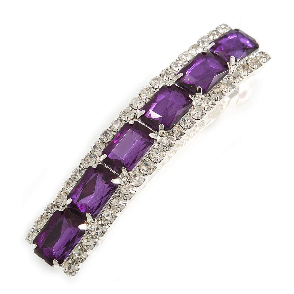 Purple Acrylic Bead/Clear Crystal Barrette Hair Clip Grip In Silver Tone - 80mm Across