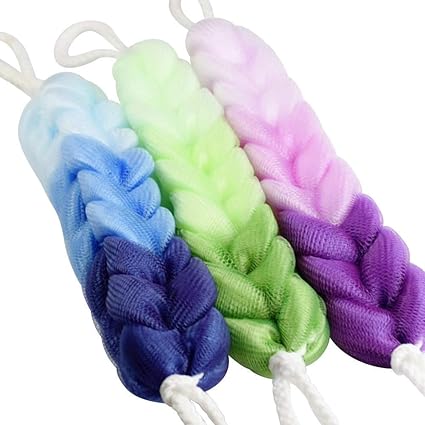 Rapidora Back Scrubber Bath Shower Mesh Sponge Exfoliating Body Scrub Stretch Braided Loofah with Rope Handles (Multicolor) Pack of-3