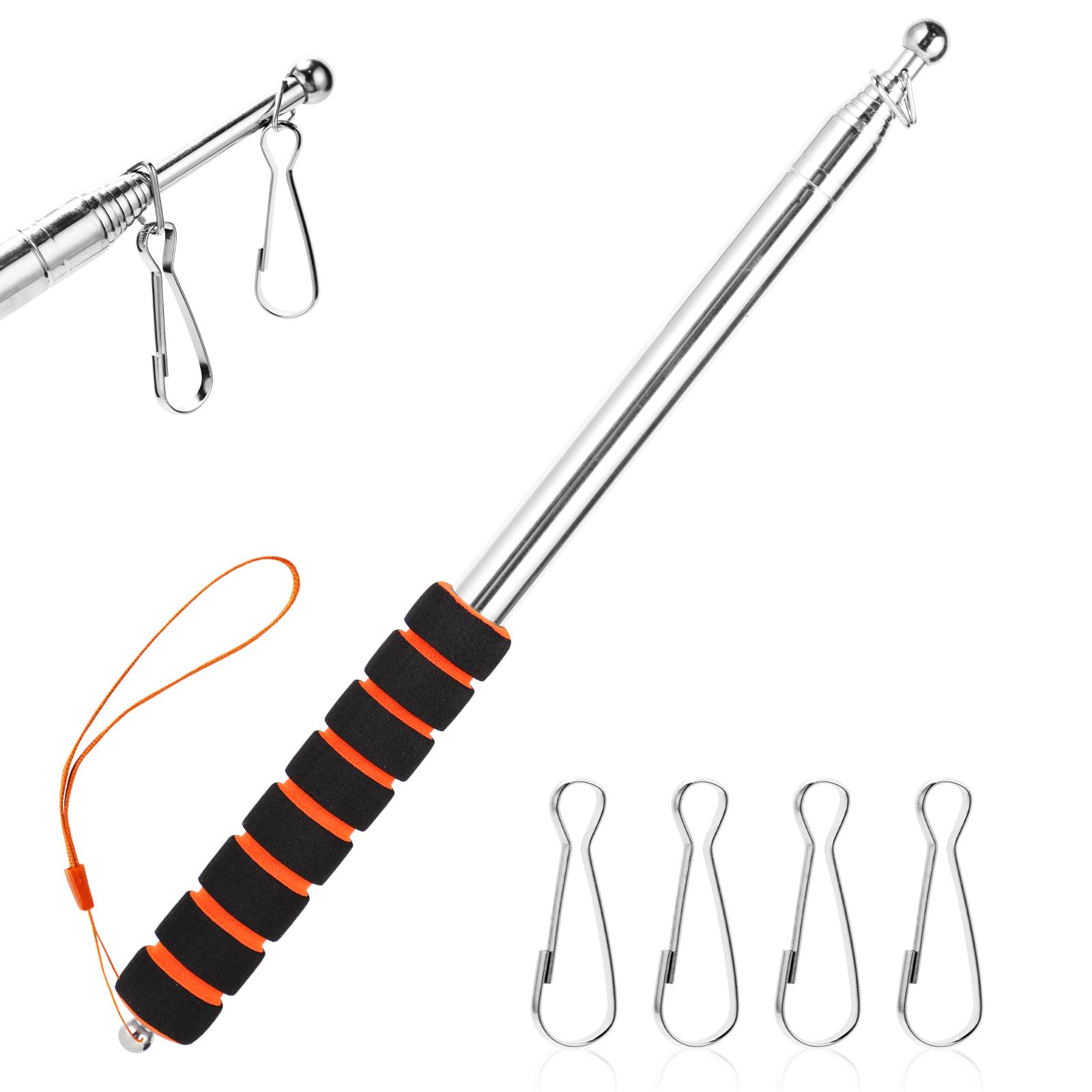 Risipu 8.2FT Telescopic Flag Pole,Stainless Steel Handheld Portable Extendable Retractable Flagpole with Anti-Slip Grip Clip for Tour Guide Festival Teaching Pointer (8.2ft - Orange&Black)