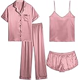 SWOMOG Women's Plus Size Pajamas Silk Satin Pajama Set Short Sleeve Shirt with Full-Length Pants Pjs Sleepwear Set 18W-26W