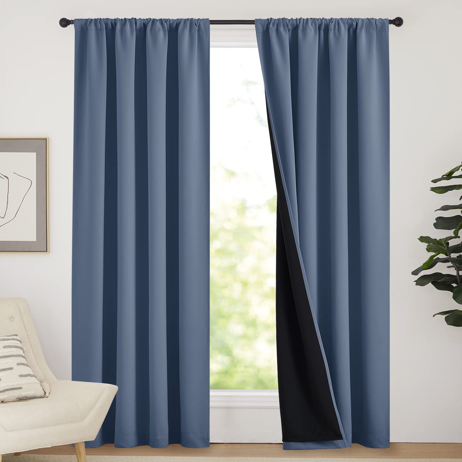NICETOWN 100% Blackout Curtains 84 inches Long, Energy Smart & Noise Blocking Out Drapes for Baby Room Window, Thermal Insulated Guest Room Lined Window Dressing(Stone Blue, 52 inches Wide, 2 Panels) Image