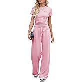 Nimsruc Women's 2 Piece Lounge Sets For Women Summer 2025 Ruched Short Sleeve Tops Wide Leg Pant Sets Tracksuit