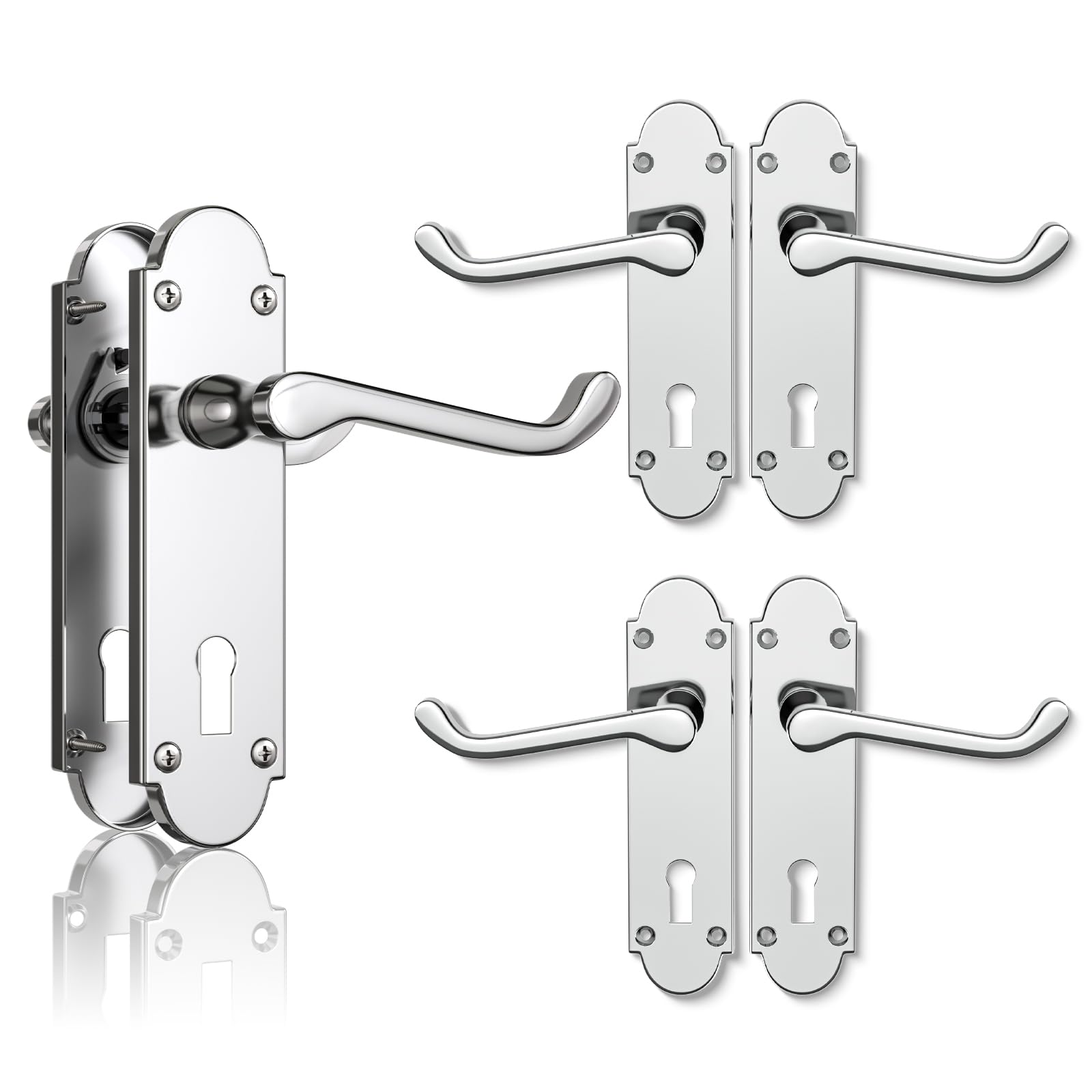 Bwintech 3 Sets Polished Chrome Richmond Lever on Plate, Latch Furniture, Backplate Door Handles, with Keyhole, Suitable for Wooden Doors