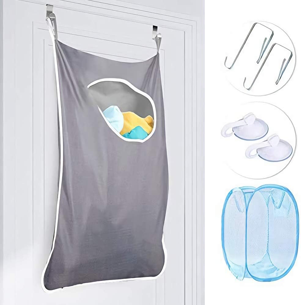 Hanging Laundry Hamper Bag Space Saving Wall with Stainless Steel Hooks