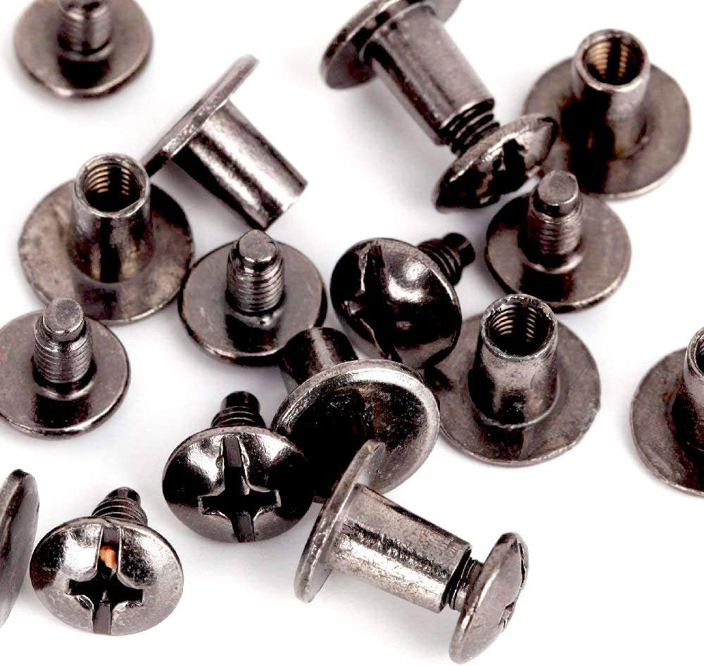 Round Flat Head Chicago Screws Buttons for Leather Crafting, 1/4 Inches (6mm) Repair Screw Post Fastener, Metal Nail Rivet Studs, Black Gunmetal, 30 Sets, Diameter 5/16 Inches (8mm)