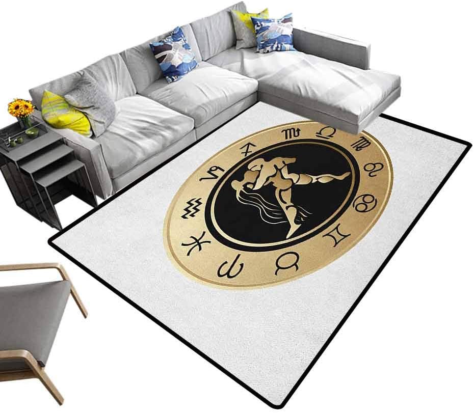 Zodiac Aquarius Indoor Floor Mat Horoscope Chart with Twelve Signs Planets Sun Moon Spiritual Symbol Children Play Mat Beige Gold Black (5'7"x8'6")