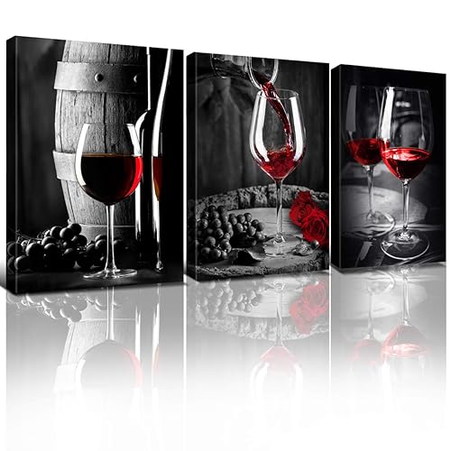 Red and Black Wine Wall Art Kitchen Decor Vintage Glass Cup Pictures Dining Room Bar Red Wine Canvas Paintings Burgundy Goblet Food Poster Modern Artwork Restaurant Home Decoration 12x16” 3 Piece