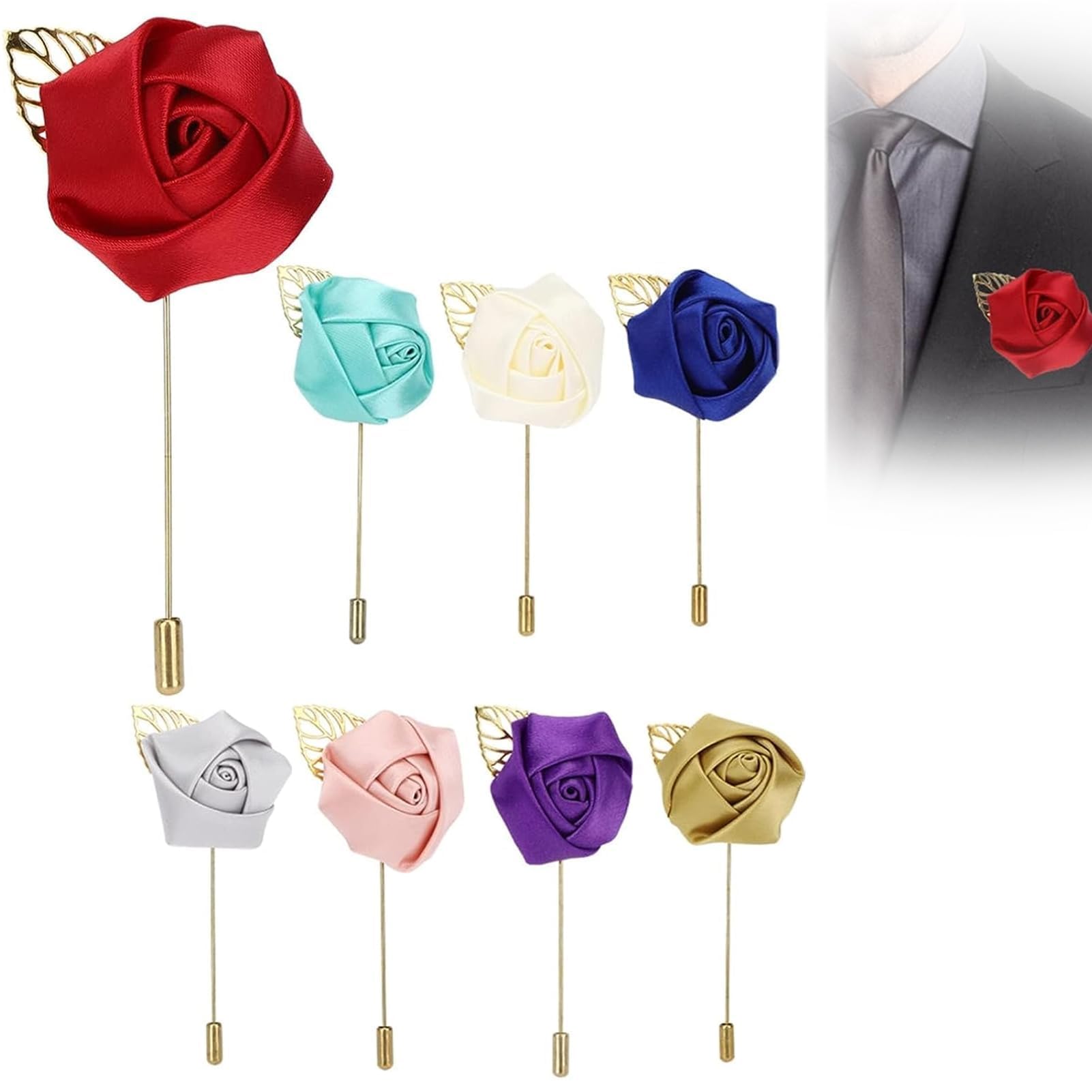 Agatige 8Pcs Flower Men's Lapel Pin, Handmade Satin Flower Lapel Long Brooch Boutonniere Pins with Gold Leaf for Groom Groomsman Bridesmaid Wedding Prom Party