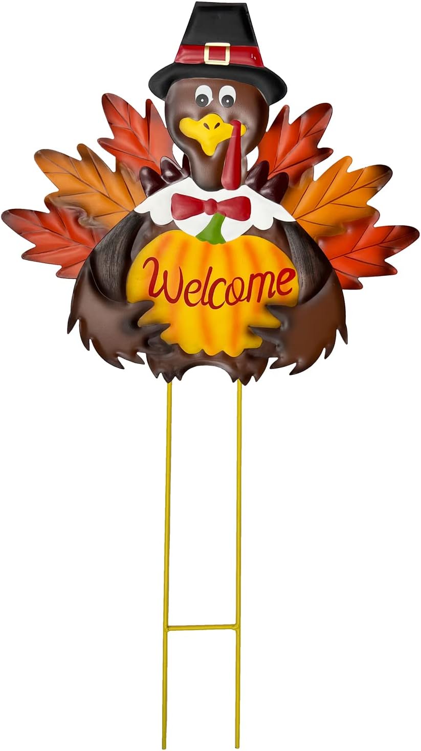 Decorative Garden Stakes - YUMBOR Fall Harvest Thanksgiving Metal Pumpkin Welcome Sign with Turkey Stakes Yard Decorations 28.5''H, Home Garden Patio Lawn Yard Decor Fall Harvest Thanksgiving Outdoor Decorations