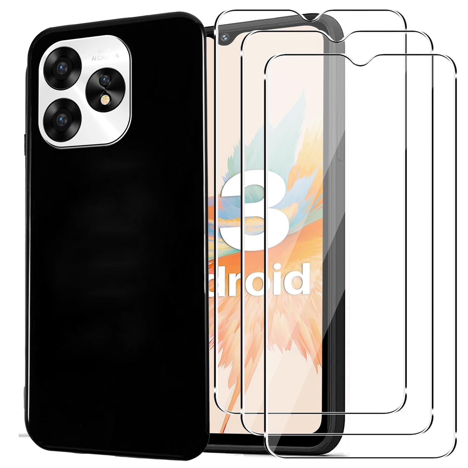 KZIOACSH Case for UMIDIGI A15/A15C, Flexible Ultra Slim Anti-Scratch Rugged Phone Case Matte Silky-Soft Touch TPU Shockproof Bumper Cover Durable Back Shell with 3 Tempered Glass Screen Protector