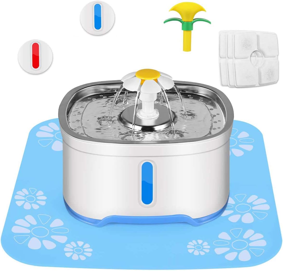 Cat Water Dispenser, Stainless Steel Water Fountain, Automatic Power-OFF Pump, Pet Fountain with 3 Carbon Filters, 1 Foam Filter 1 Mat, Water Level Window with LED Light 85 oz/2.5L