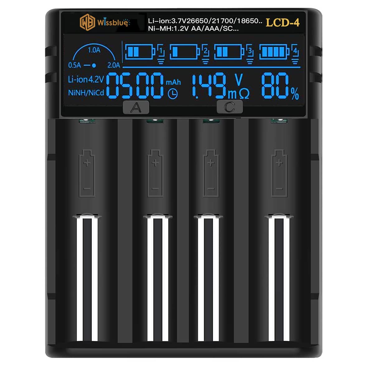WISSBLUE LCD-4 18650 akku ladegerät Batterie ladegerät 2A Schnell Leistung Batterie ladegerät ,LCD-Anzeige mit Power Bank-Funktion für 3.7V 14500 16340 18650 20700 21700 26650 1.2V AAAA AA A 2
