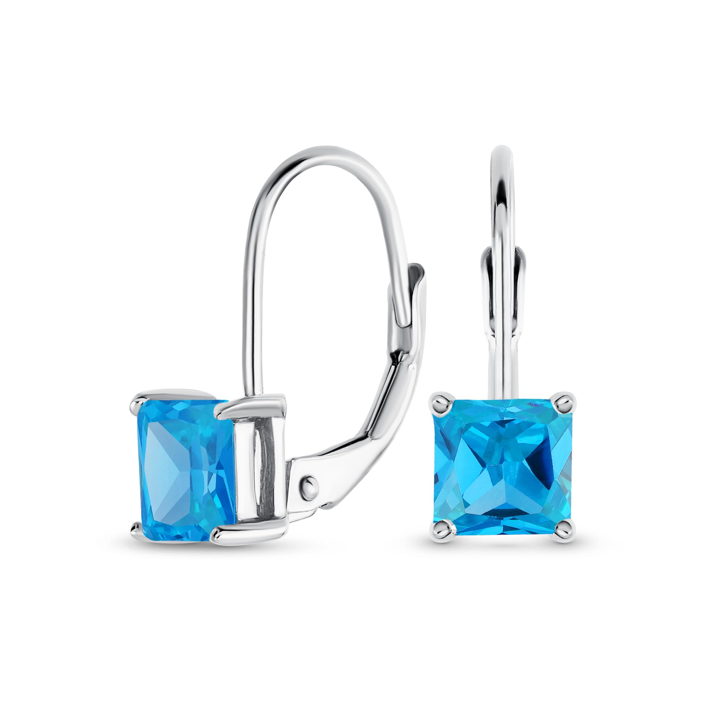 Classic Bridal Princess Cut Aqua London Blue Cubic Zirconia Solitaire Square AAA CZ Leverback Earrings For Women .925 Sterling Silver — image 1