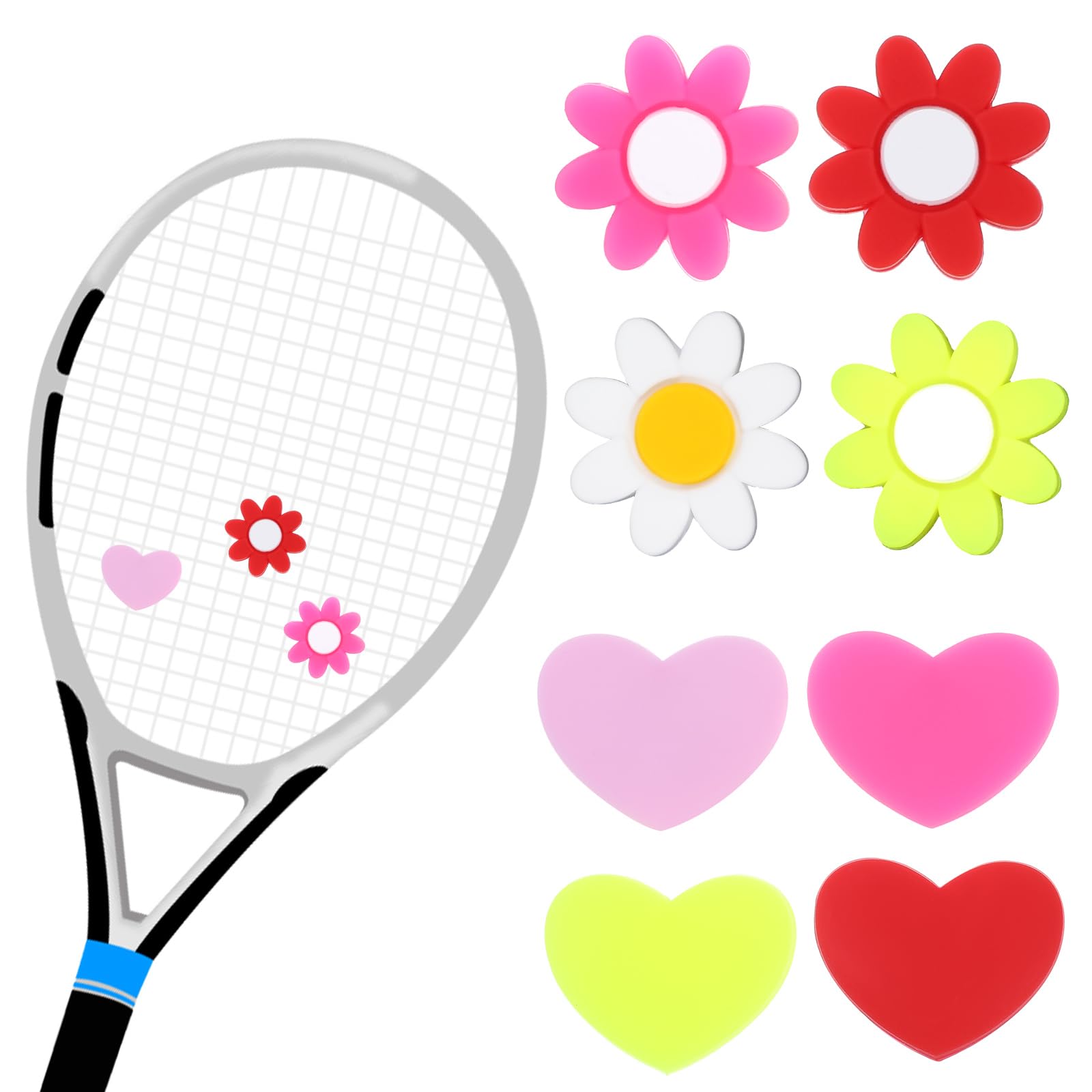 LLOUSSAK Tennis Racket Vibration Dampener, Tennis Dampener for Racket, Heart & Flower Racket Shock Absorber Tennis Vibration Dampener Tennis Accessories for Tennis Racquet for Strings (4 Colors，8Pcs)