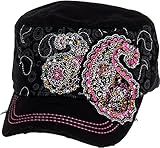 Crystal Case Womens Cotton Rhinestone Paisley Cadet Cap Hat (Black)