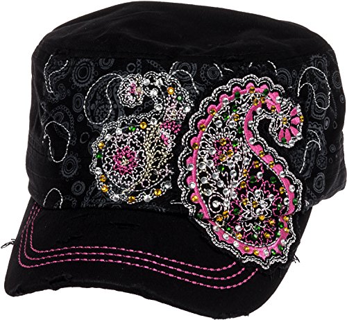 Crystal Case Womens Cotton Rhinestone Paisley Cadet Cap Hat (Black)