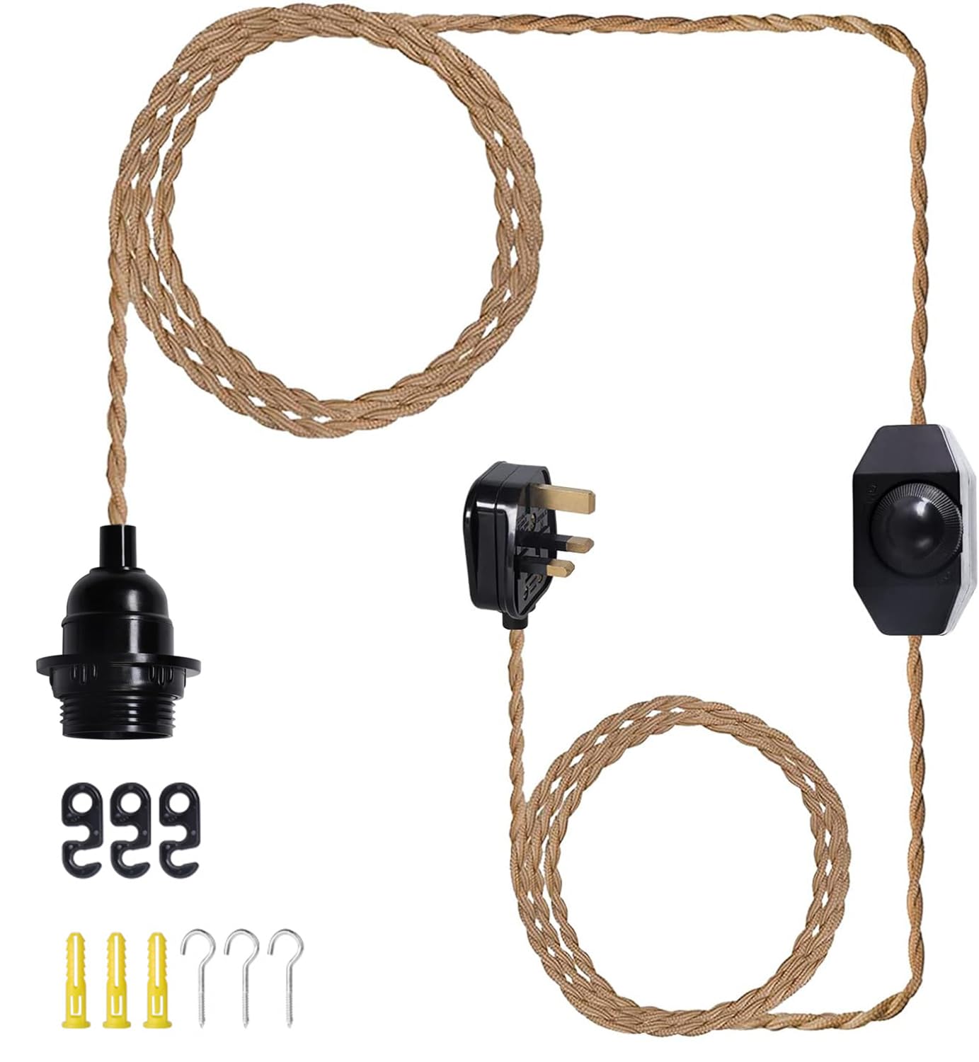 15FT Vintage Plug in Pendant Light Cord Hanging Light Dimmer Switch Kit DIY with Twisted Nylon Rope, Industrial Ceiling Pendant Lighting E26 E27 Socket for Farmhouse Kitchen Cable — image 1