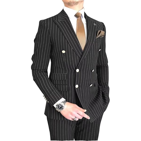 YZHEN Men's Three Piece Suit Stripe Double Breasted Peak Lapel