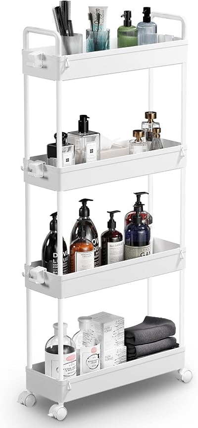 SOLEJAZZ 4-Tier Slim Rolling Storage Cart with 6 Hooks White 12x39x92 cm