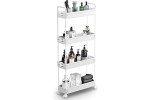 SOLEJAZZ Slim Rolling Storage Cart with Wheels 4 Tier Skinny Bathroom Storage Organizer Narrow Shelf Unit Thin Laundry Room Utility Cart for Bedside Kitchen Office Next to Fridge Small Places, White