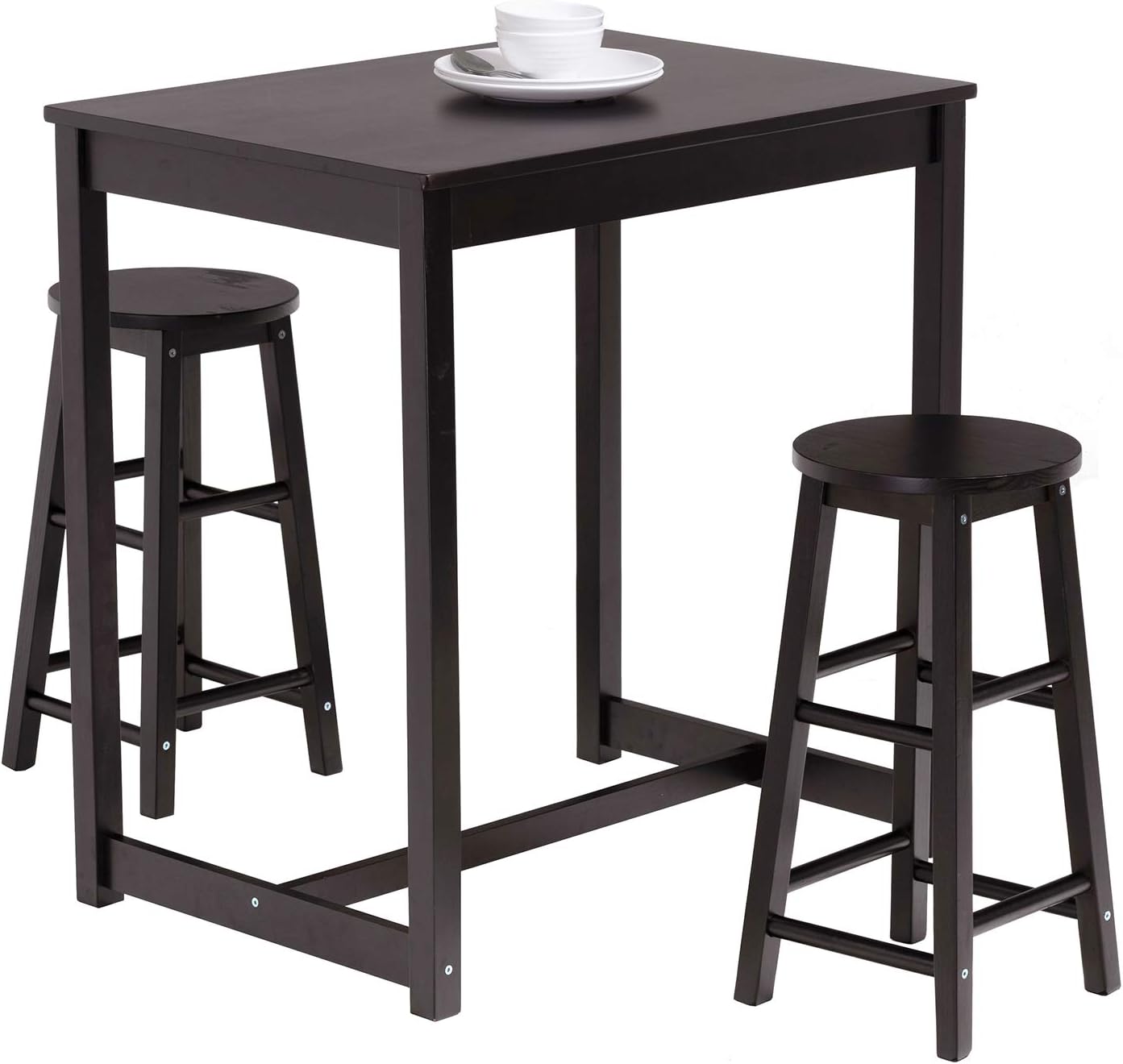 Amazon Com Mecor 3 Peice Pub Table Set Wood Dining Breakfast Table Set With 2 Counter Stools For Home Kitchen Breakfast Furniture Black Table Chair Sets