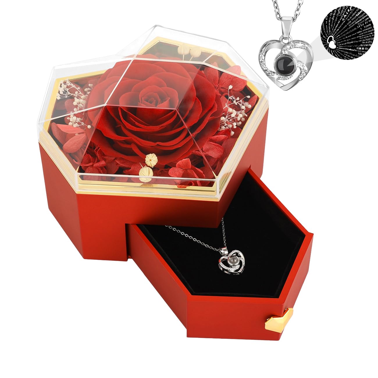 Emibele Preserved Real Rose with Heart Necklace, Eternal Flowers Rose Box with I Love You Necklace 100 Languages, Preserved Rose Jewelry Gift for Mom Women Her Wife Mother Valentine Day Grandma, Red