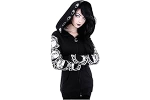LEHOZIHEQ Womens Hooded Punk Sweatshirt Gothic Print Long Sleeve Jackets Full Zip Casual Cardigan Pocketed Dark Witch Coats