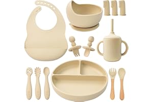 LITTLE RAWR Silicone Baby Feeding Set 14 Pcs,Baby Led Weaning Supplies, Baby Spoons Suction Bowl Divided Plate Bib Cup Finger Brush,First Stage Solid Food Eating Utensils - 6+ Months(Beige)