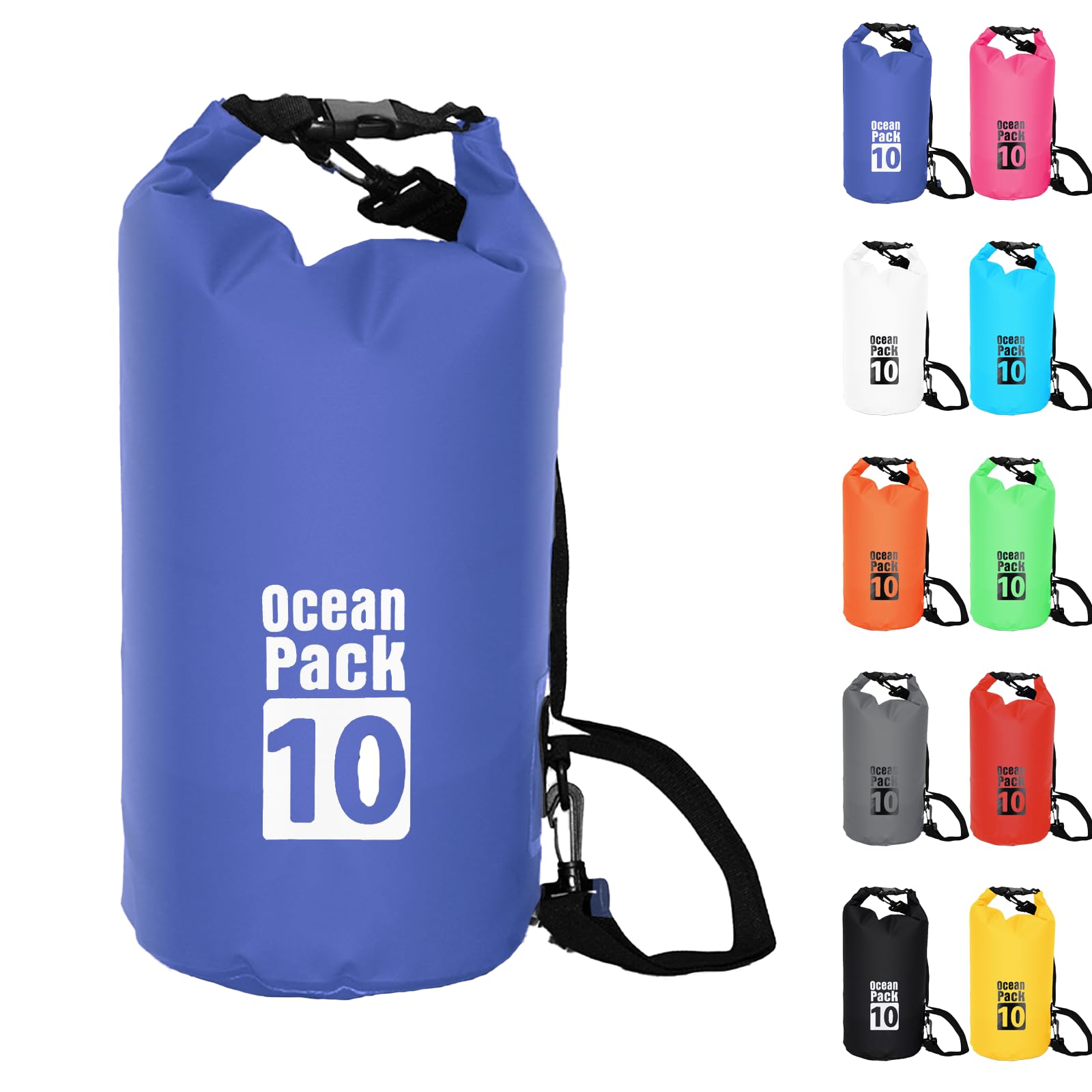Dry Bag 10L, Boat Dry Bags Blue Waterproof Bag Dry Sack Roll Top Long Adjustable Shoulder Strap 2L/5L/10L/20L/30L/40L for Drifting Boating Kayaking Fishing Rafting Swimming Camping Canoeing Surfing