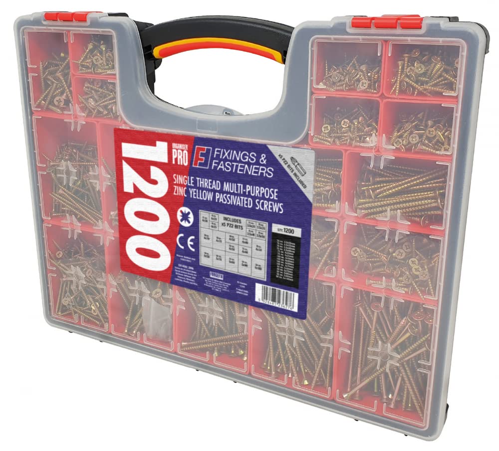 ORGANISER PRO 1200 ASSORTED YELLOW GOLD WOOD SCREW SET CHIPBOARD SCREWS POZIDRIVE IN PLASTIC BOX MIXED TRAY GENERAL PURPOSE WOODSCREWS TRADE PACK + 5 PZ2 BITS
