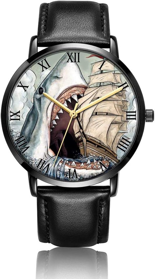 Whiterbunny Customized Shark Sailboat Wrist Watch Unisex Analog Quartz Fashion Black Leather Bracelet Wristwatch for Women and Men