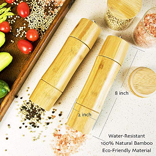 Bamboo Wooden Salt and Pepper Mill Set with Stand, Ceramic Grinder Blades with Adjustable