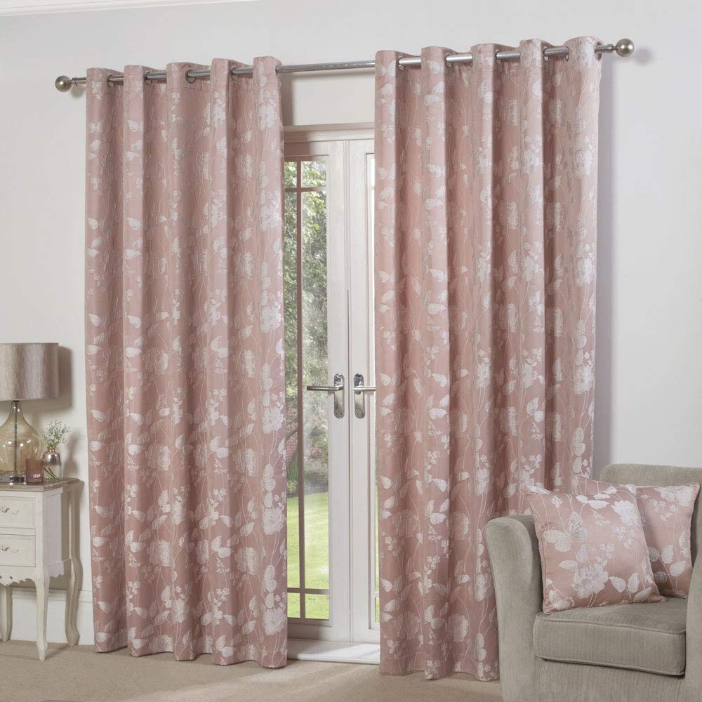 Emma Barclay – Fully Lined Curtains for Bedroom Living Room Jacquard Eyelet Two Panel Floral Curtains Butterfly Meadow Collection (66” x 54” Inch)(Blush Pink)