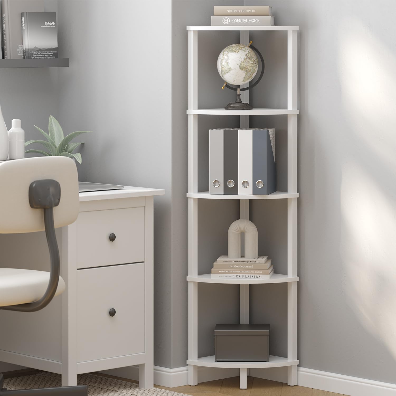 Photo 1 of VIMBER Corner Shelf, 5-Tier Corner Bookshelf, Industrial Corner Ladder Shelf, Modern Display Shelf for Living Room, Bedroom, Kitchen, Home Office, White UJSJ001W