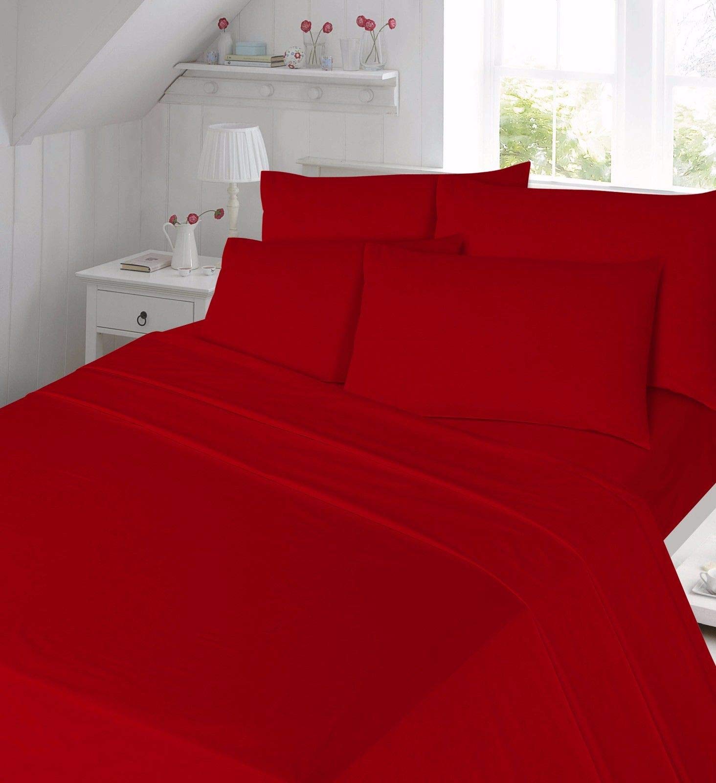 clicktostyle 100% BRUSHED COTTON 4FT SMALL DOUBLE FLANNELETTE EXTRA DEEP 16" FITTED SHEET WARM SOFT BED SHEETS (Red)
